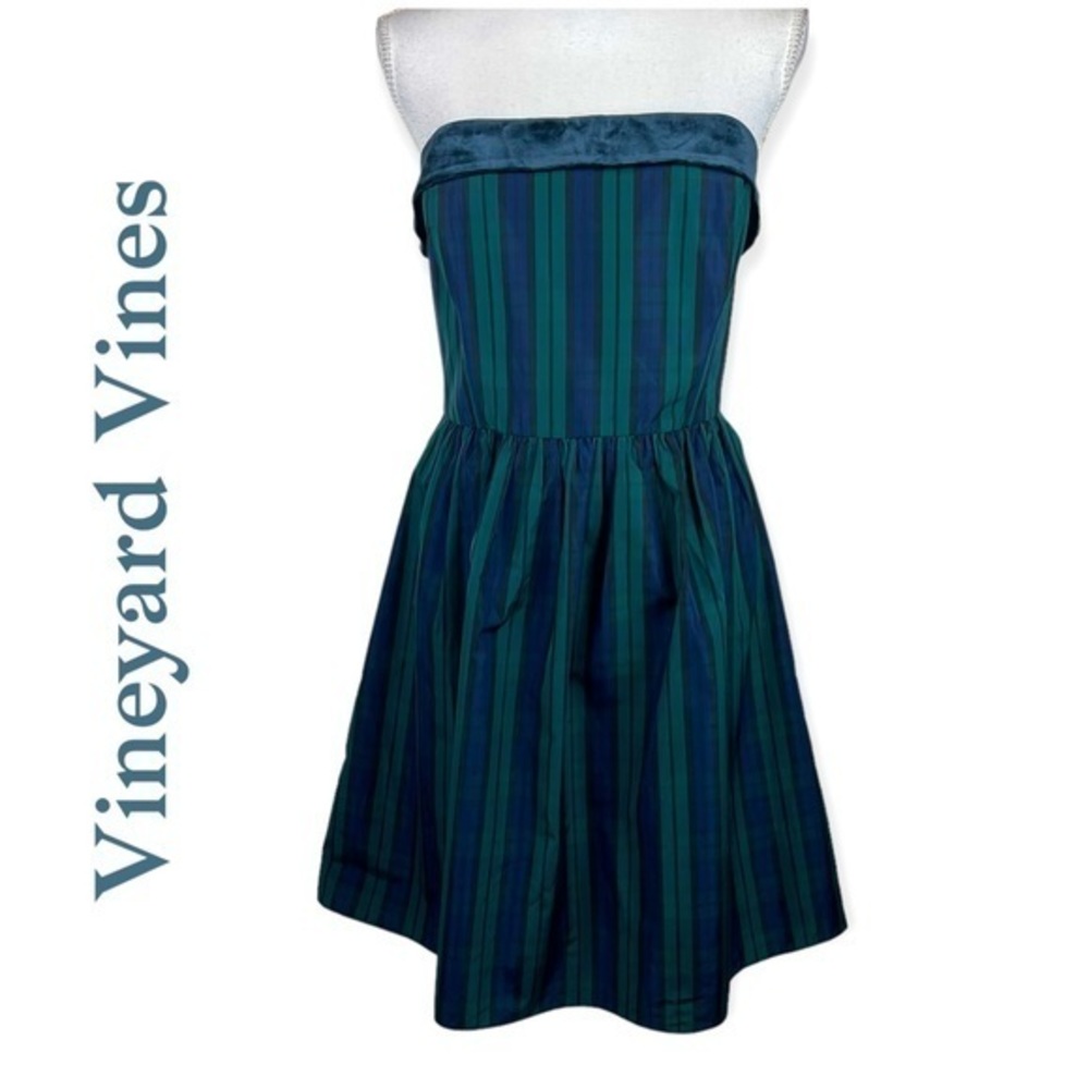 Vineyard Vines Strapless Plaid Stripe Velvet Holiday Party Event Dress NWT